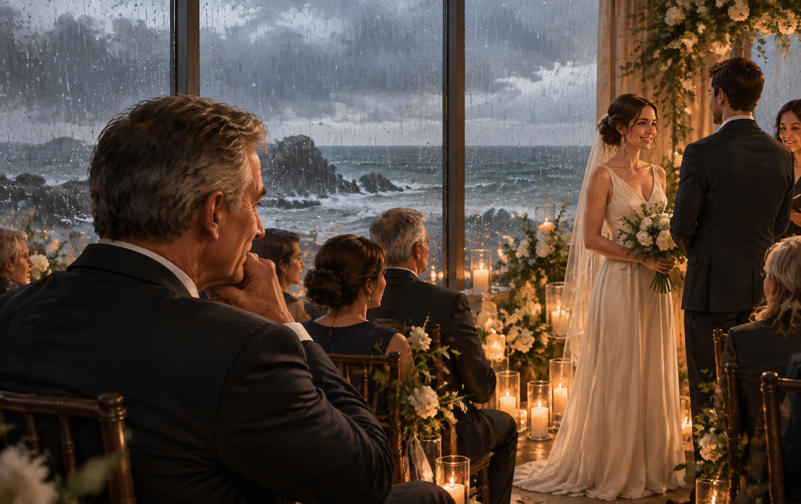 A father watching his smiling daughter during an indoor seaside wedding as heavy rain covers the windows