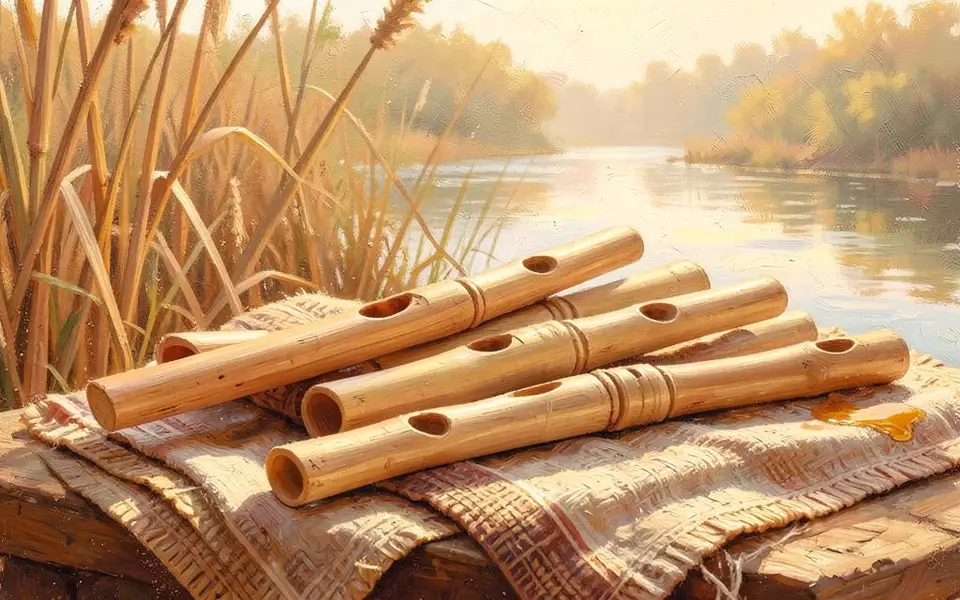 Hand-carved reed flutes resting by a quiet river