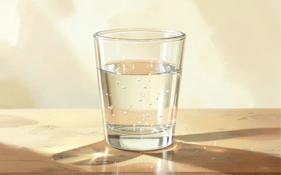 A glass of water catching morning light