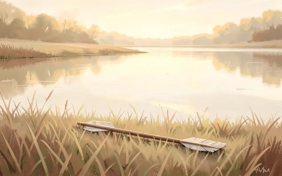 A single arrow resting in soft grass beside a calm lake