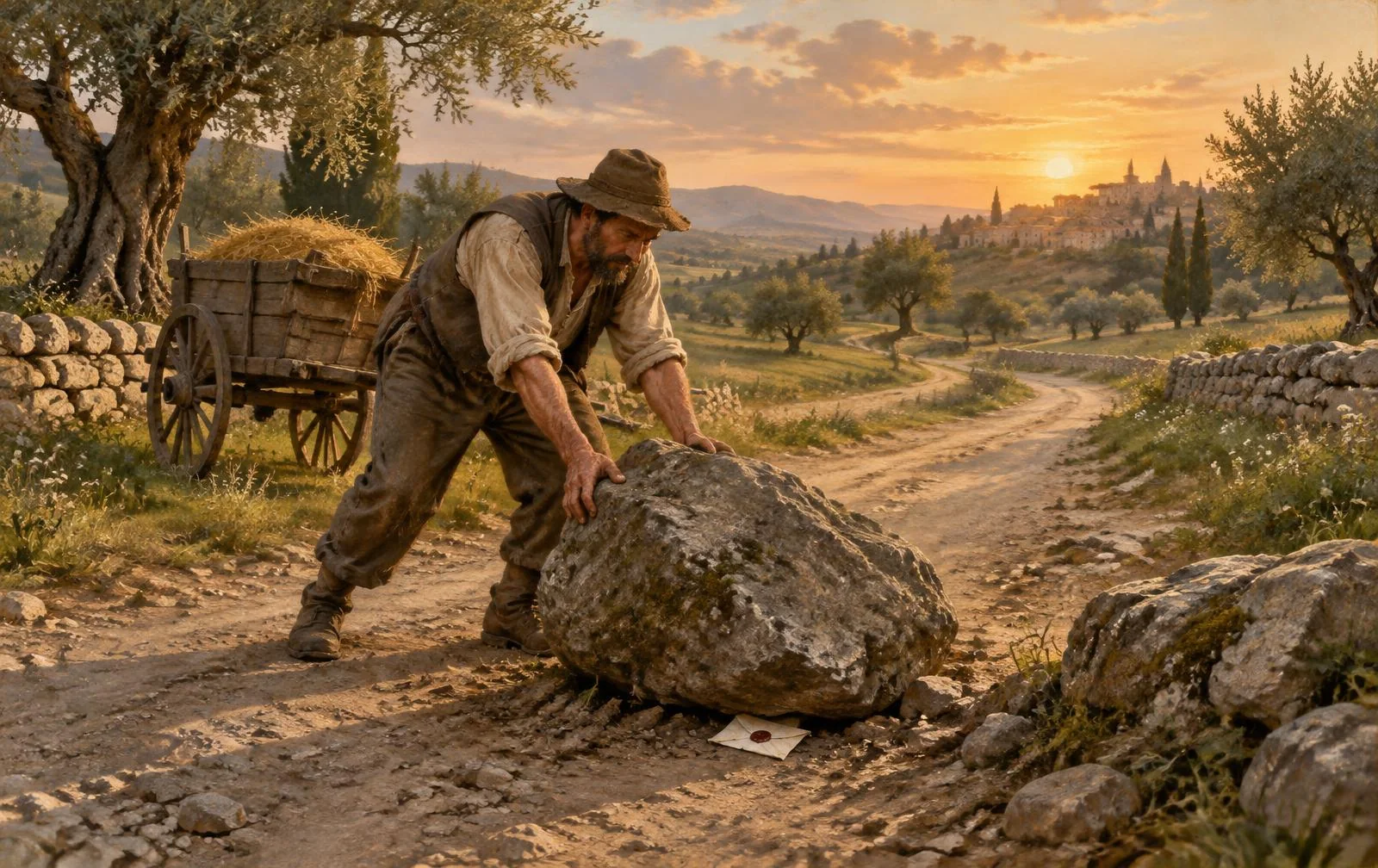 A farmer moving a heavy stone from an old country road beside his cart at sunset