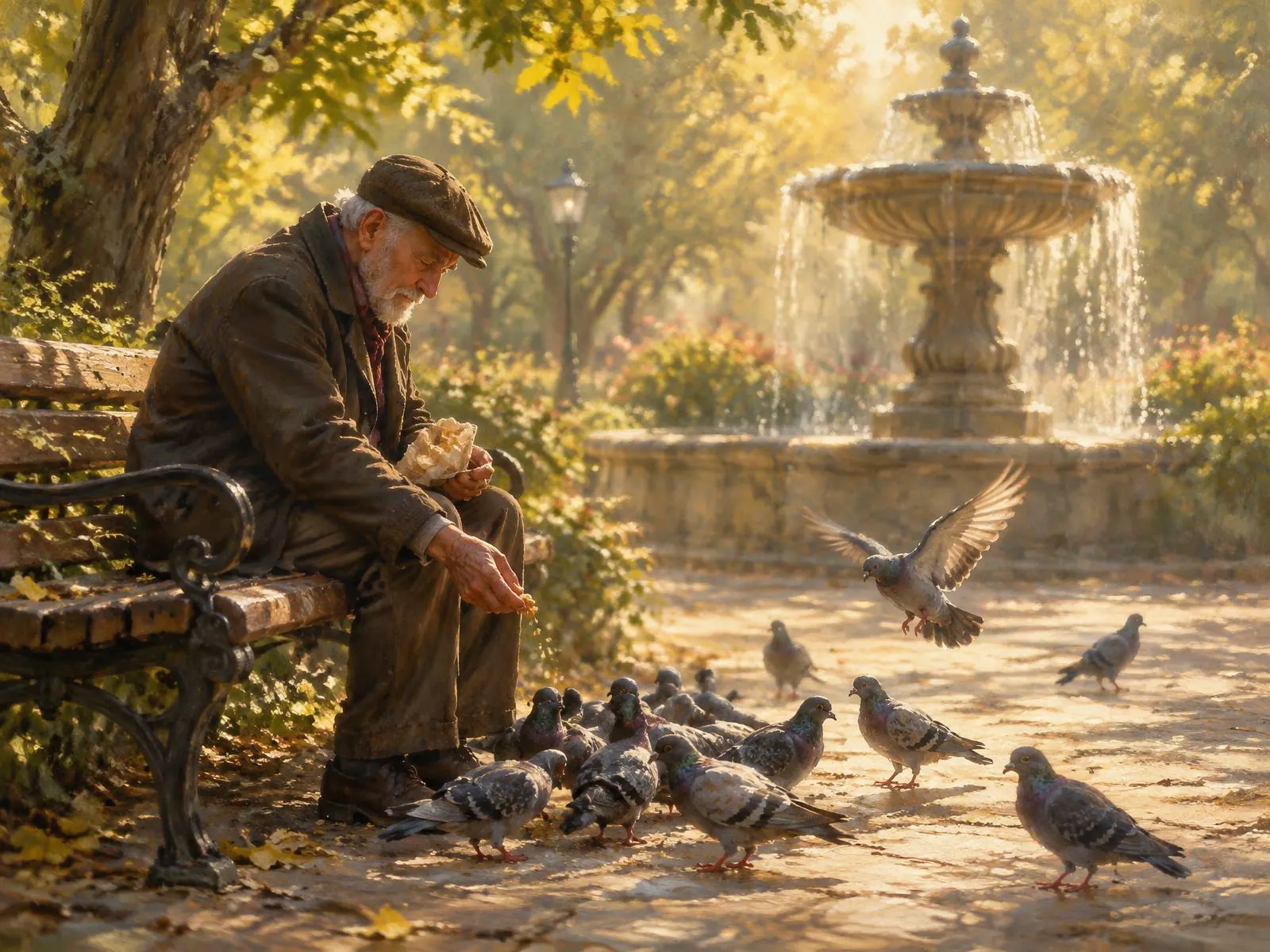 An old man on a wooden park bench feeding pigeons in golden morning light