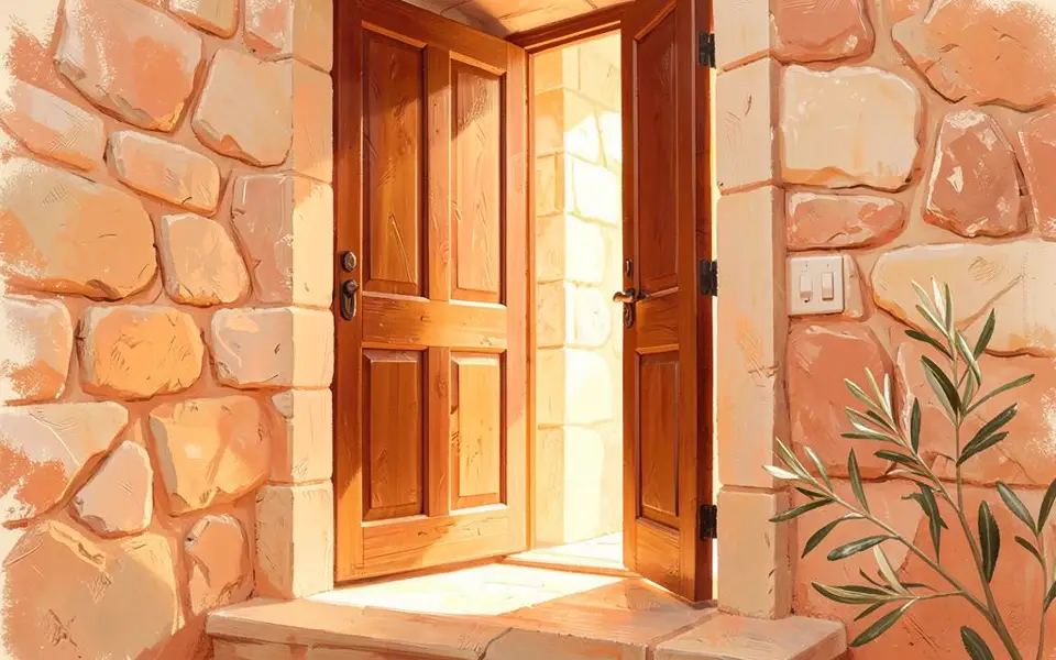 An open wooden door in warm stone, light spilling out