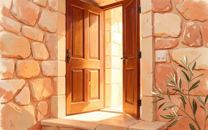 An open wooden door in warm stone, light spilling out