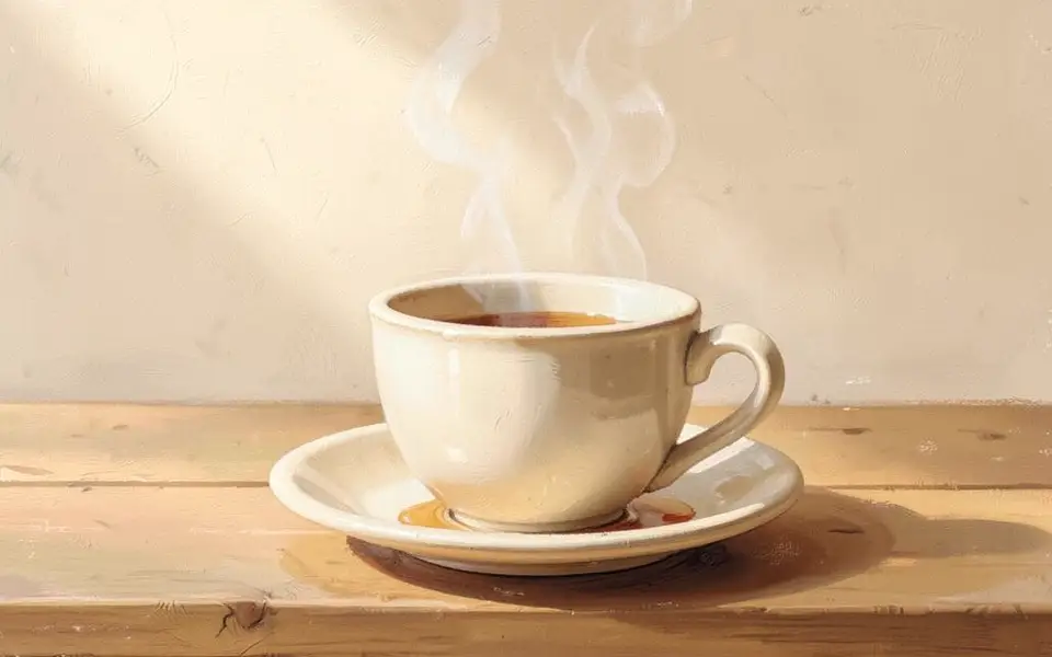 A simple teacup, steam rising in morning light