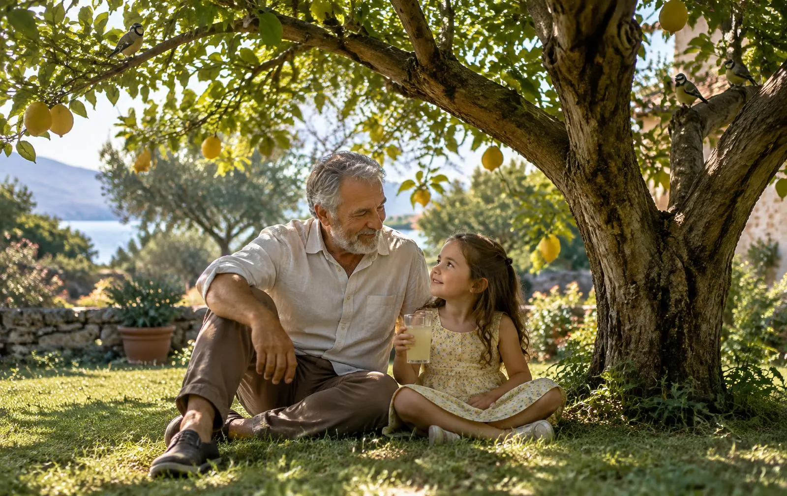 A grandfather and granddaughter sit beneath an old lemon tree in a sunlit Mediterranean garden