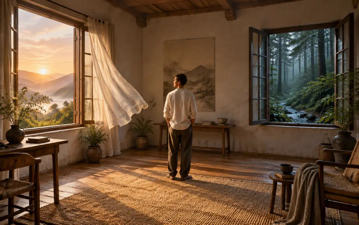 A man standing between a sunlit eastern window and a shaded western window opening onto pine trees as a breeze crosses the room