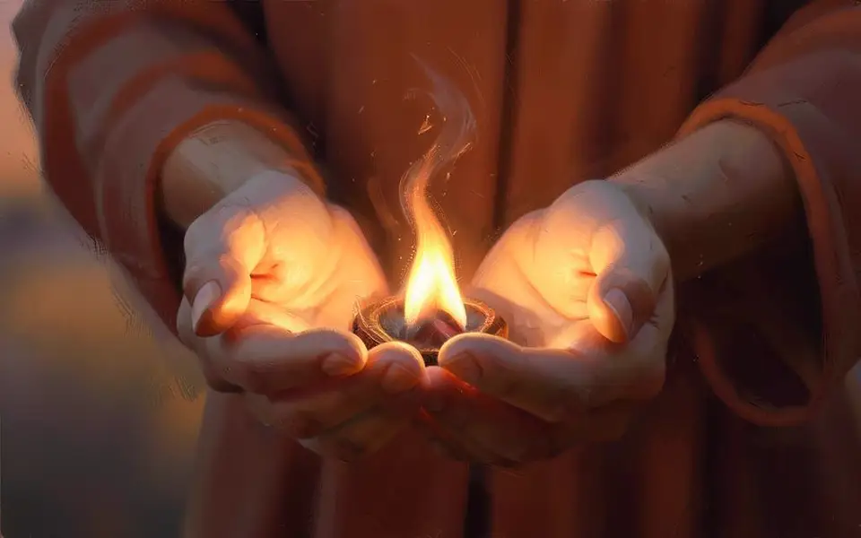 Cupped hands sheltering a small warm flame