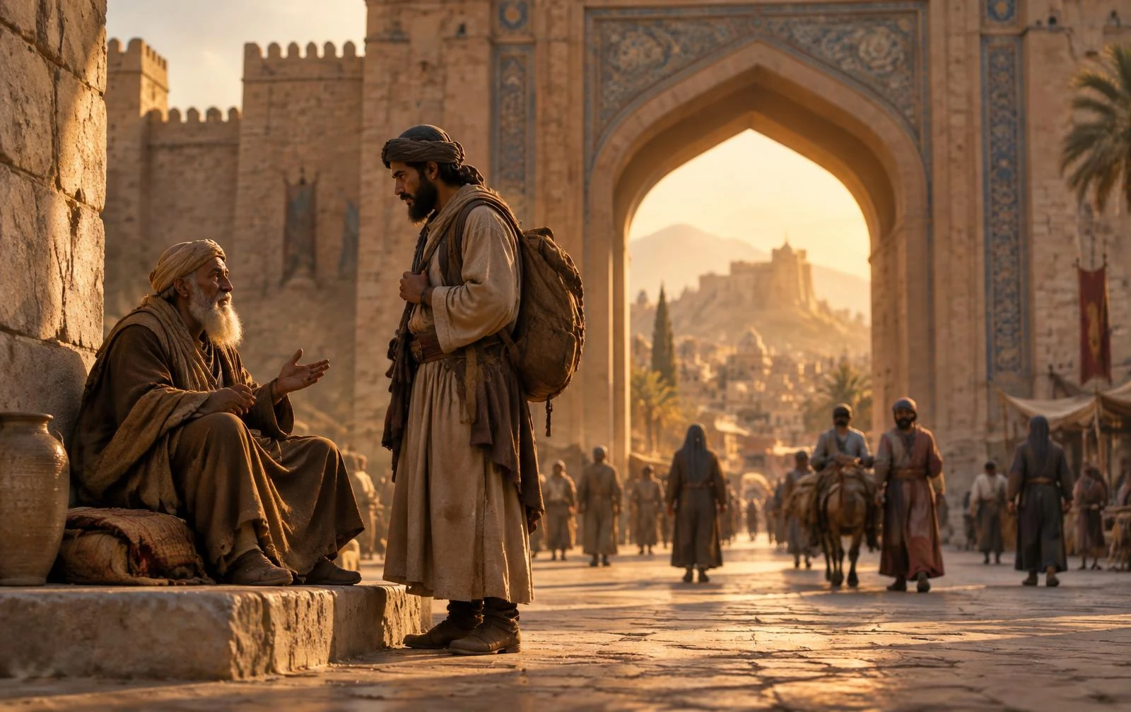 An elderly man and a traveler speaking beside an ancient city gate at golden hour