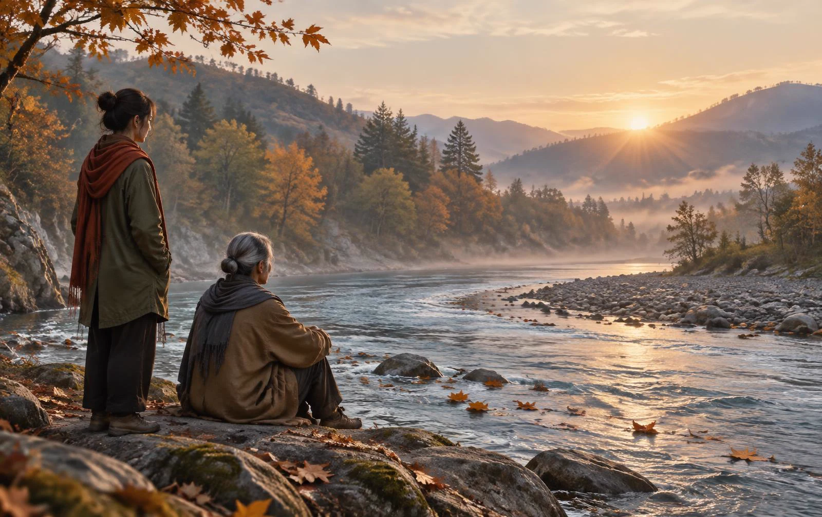 Maya and an older teacher watching autumn leaves drift along a river at dawn