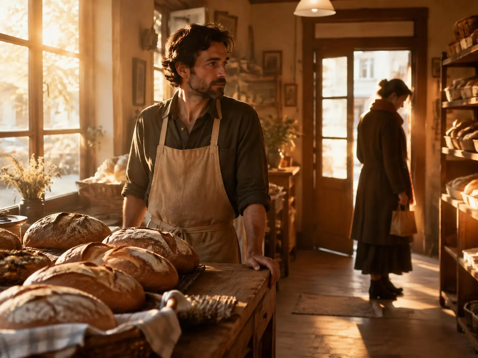 A thoughtful baker beside a wooden counter of fresh bread while a woman prepares to leave