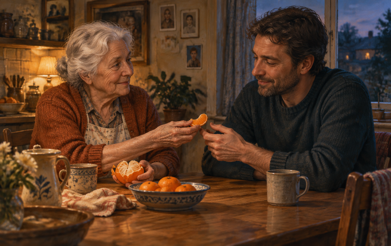 Thomas and his grandmother share an orange at a warm kitchen table at dusk