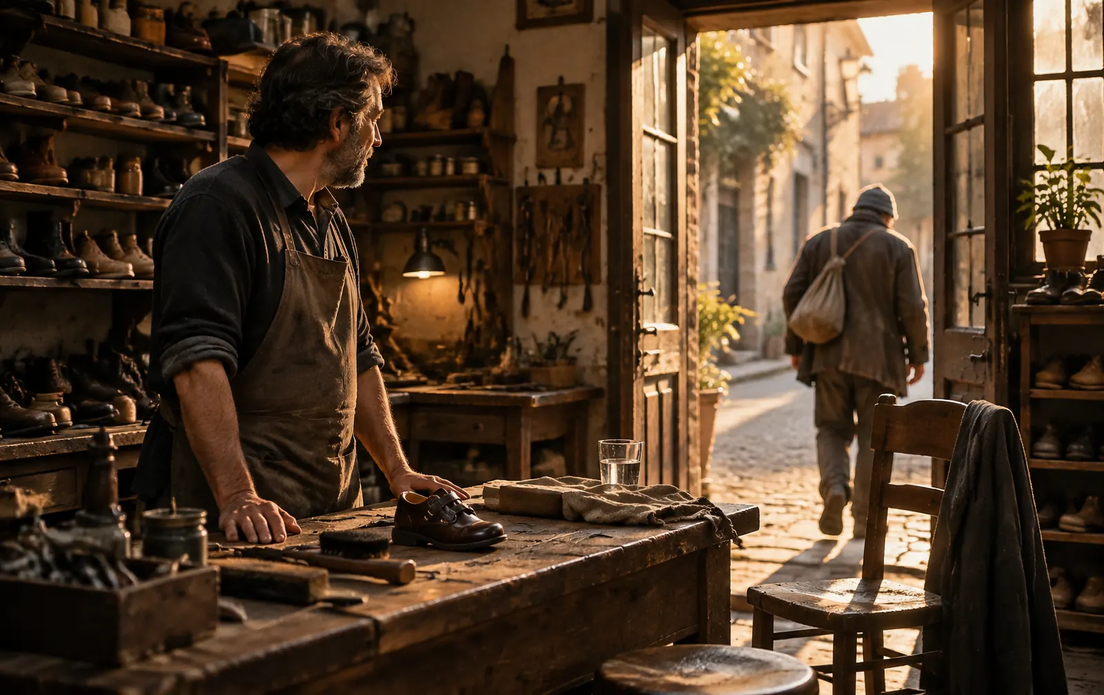 Gabriel watches a hungry visitor leave his small shoe-repair shop in warm evening light